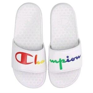 NEW Women's Champion Rainbow Logo Super Split Script Slides White Size‎ 7